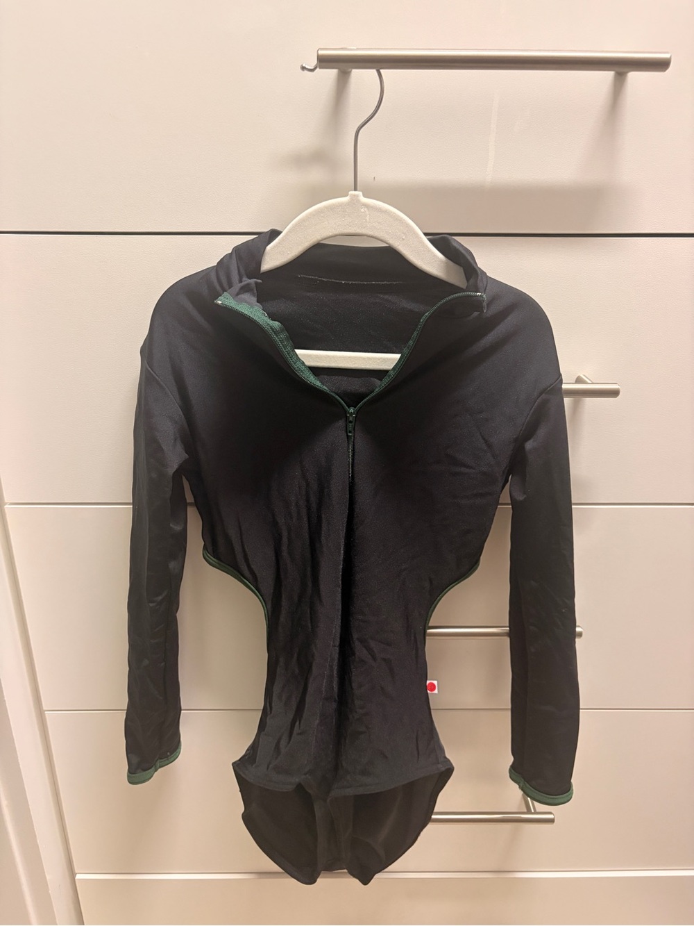 Yumiko Black Long-Sleeve Zip Leotard with Green Trim